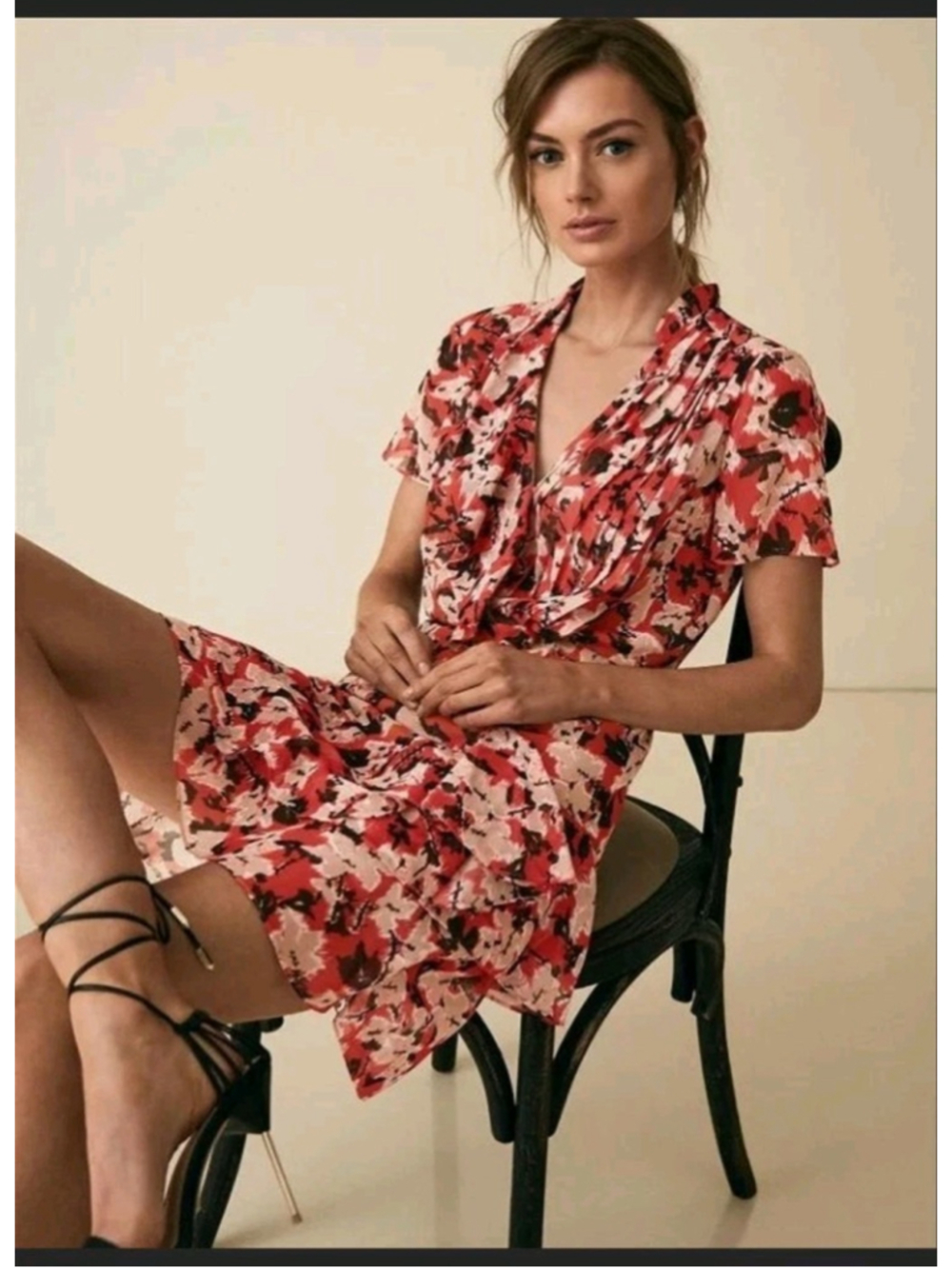 Reiss Marseille' Red Black Abstract Floral Print Chiffon Pleated Ruffle Dress 8